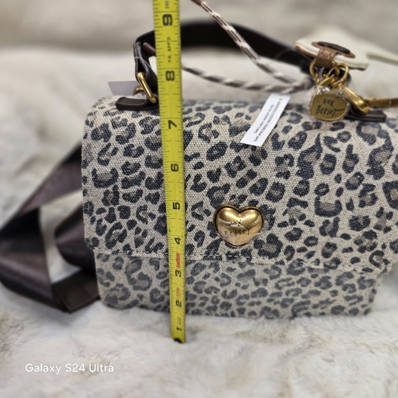 Betsey Johnson Leopard Print Crossbody Bag with Cowboy Boot Charm and Gold Heart - Picture 10 of 11
